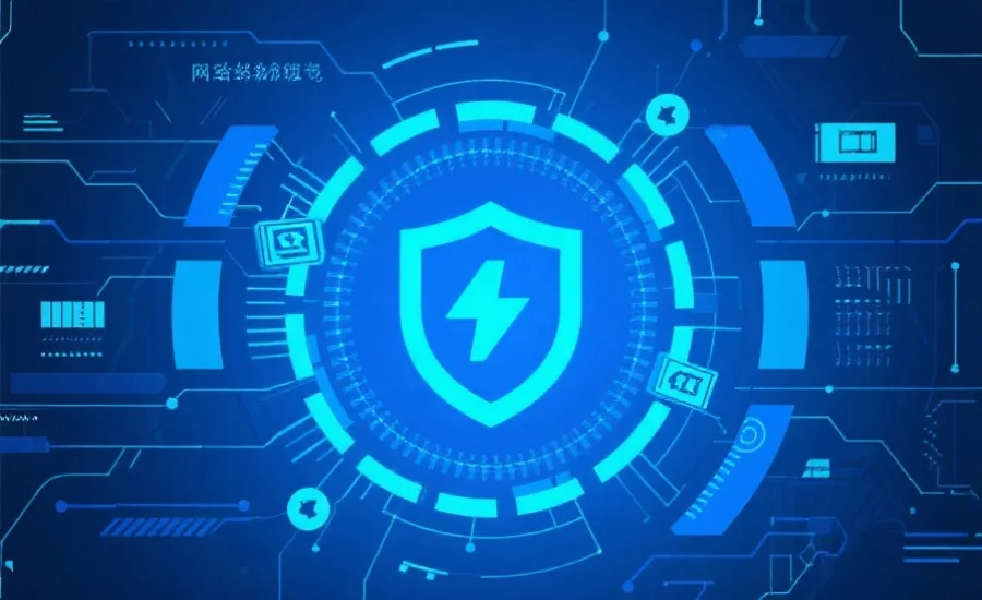 网络安全概念插图，展示数据加密与保护，背景为蓝色科技感